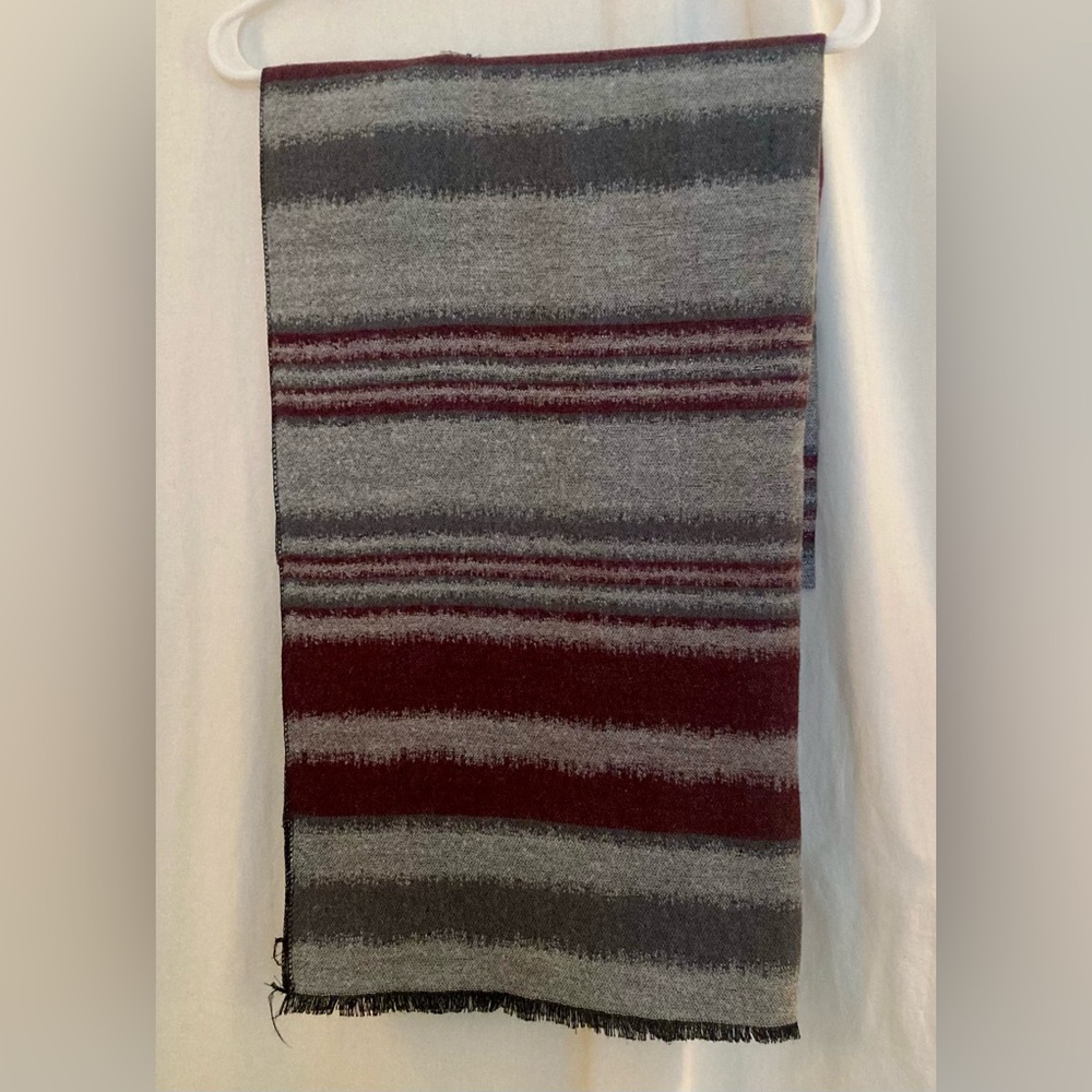 Striped Soft Lightweight Wool Scarf - Gray/Burgundy/Tan 74” x 26”